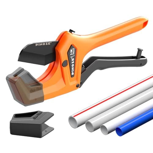 PINOZE PVC Pipe Cutter - 3 Inch Max Opening, Heavy-Duty Ratchet Pipe Cutter Tool with Stabilizer for PVC, PPR, PE, PEX, Plastic Hoses & Plumbing Pipes with Teflon Coated SK5 Blade
