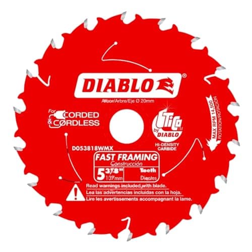 Diablo Fast Framing Saw Blade for Wood - 5-3/8" Diameter, 18 ATB Teeth, 20mm Arbor, .049" Kerf, 18° Hook Angle, .039" Plate, 14500 Max RPM - D053818WMX