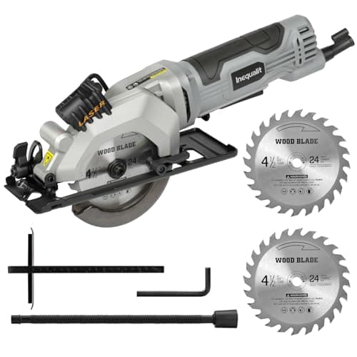 Inequalit Mini Circular Saw, 4Amp 3500RPM Corded Compact Saw with 4-1/2" 24T TCT Blades, Laser Guide, Rip Guide, Vacuum Adapter and Blade Wrench, Max Cutting Depth 1-11/16"(90°), 1-1/8"(45°）