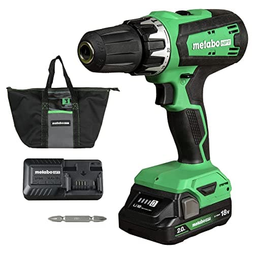 Metabo HPT 18V Cordless Drill Driver Kit, 1/2-Inch Keyless Chuck, Compact Power Drill Driver with 2.0Ah Lithium-Ion Metabo Battery, Charger and Bag, Powerful 470 in-lbs Torque, Two Speed Gear, DS18DFX