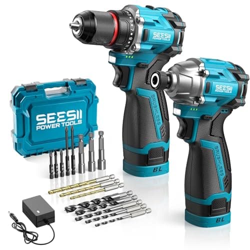 SEESII Cordless Drill Impact Driver 16.8V Brushless Power Tool Combo Kits 2x 2.0Ah Batteries w/Charger, 16-Pc Bits, Tool Bag, 3/8'' Drill & 1/4'' Impact Driver for Home DIY, Woodworking (Blue)