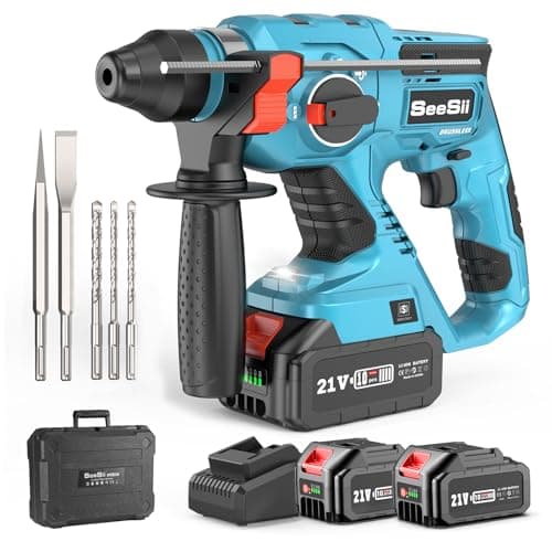 Seesii Cordless SDS-Plus Rotary Hammer Drill for Concrete, 2 × 4.0Ah Batteries, Includes 3 Drill Bits, Flat & Point Chisels, Lightweight Power Tool for Home Improvement, DIY & Masonry