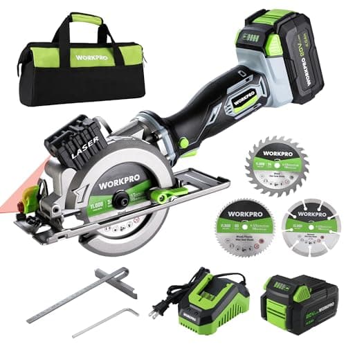 WORKPRO 20V Cordless Mini Circular Saw, 4-1/2" Compact Wireless Circular Saw 4.0Ah Battery, Fast Charger, 3 Blades, 4500RPM, Laser Guide, Max Cutting Depth 1-11/16"(90°), 1-1/8"(45°)