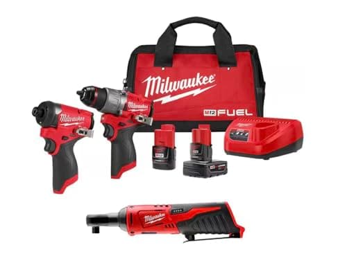 Milwaukee M12 FUEL 12-Volt Li-Ion Brushless Cordless Hammer Drill and Impact Driver Combo Kit (2-Tool) W/Free M12 3/8 in. Ratchet