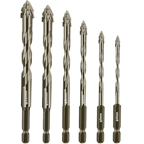 6 Pcs Four-Flute Sawtooth Eccentric Twist Drill Bit, Concrete and Masonry Drill Bit Set, Set for Concrete/Glass/Tile/Wood/Metal, Hexagonal Shank Drills, Short bits, (4/5/6/8/10/12mm)