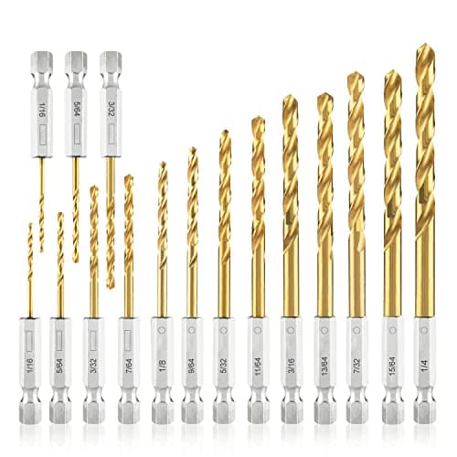 amoolo Hex Shank Drill Bit Set (13Pcs Set+3 Pcs Free), Premium 4341 HSS Titanium Impact Hex Drill Bits for Wood, Steel, Metal, Plastic, Quick Change Design (1/16 -1/4 )