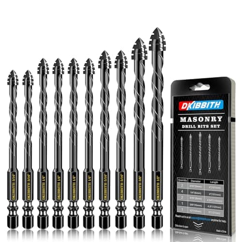 DKIBBITH 4-Flute Serrated Masonry Drill Bit Set (10-Piece, Black) - 3/16" to 1/2" for Concrete, Tile, Brick, Glass, Ceramic